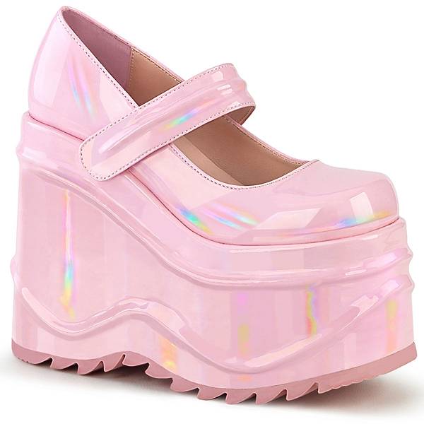 Demonia Women's Wave-32 Wedge Platform Mary Janes - Baby Pink Hologram D6109-82US Clearance